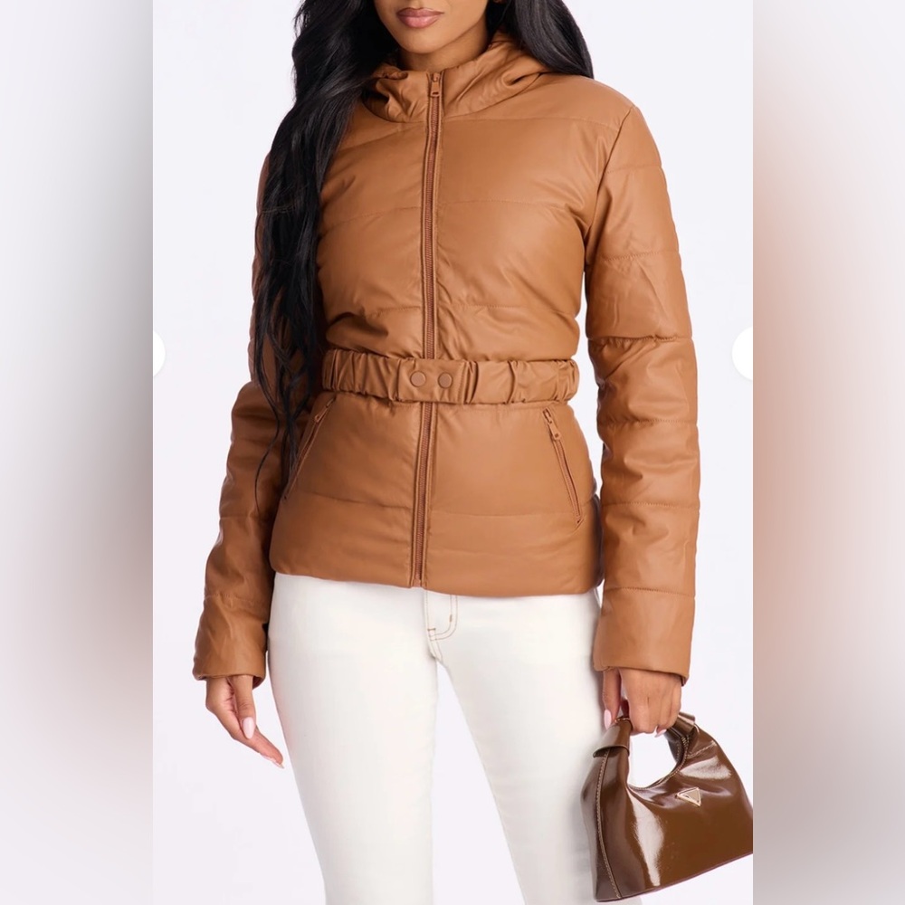 Camel Faux Leather Puffer Jacke